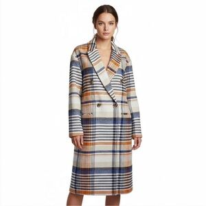 Elie Tahari Women's Wool Coat Cloverleaf Notch Lapel Jacket Spicy Sapphire Plaid